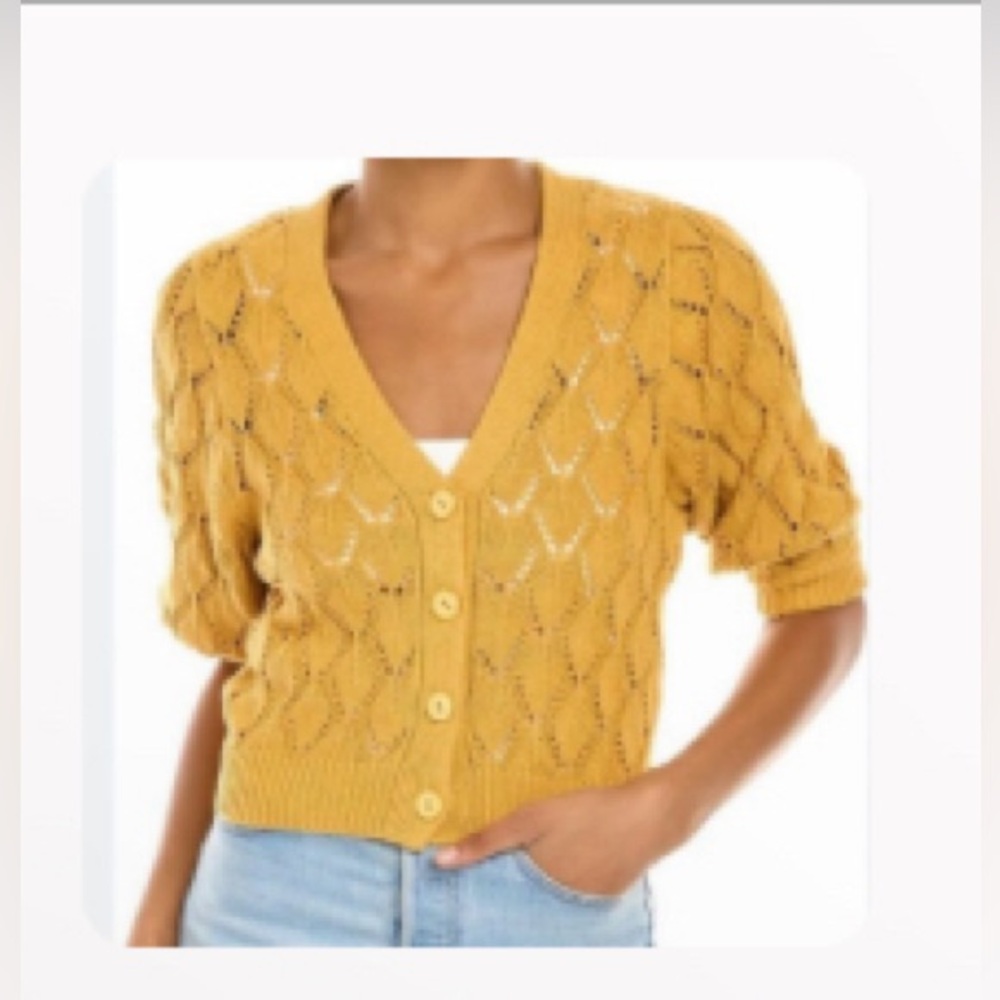 AUTUMN CASHMERE Puff Sleeve Pointelle Cardigan, Small